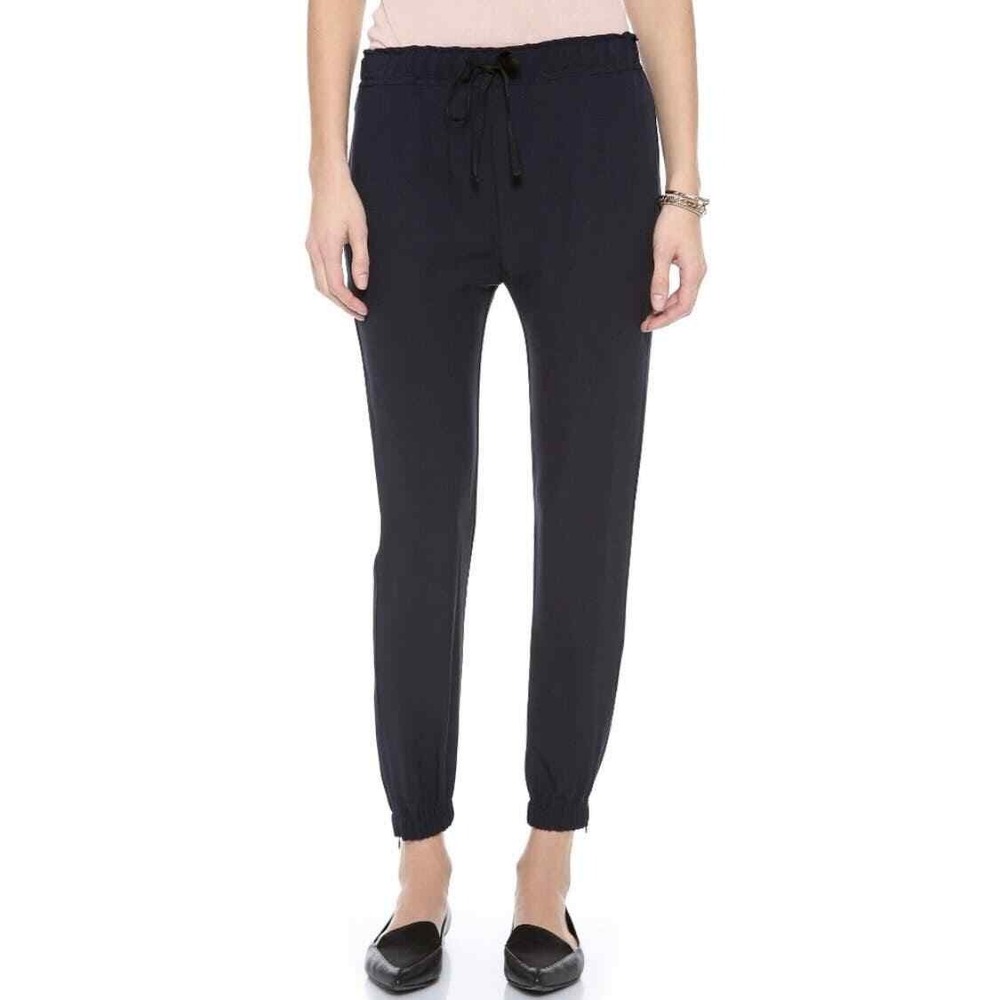 NILI LOTAN Silk Jogger Pant Women 2 Navy Silk Drawstring Elastic Waist Ankle Zip